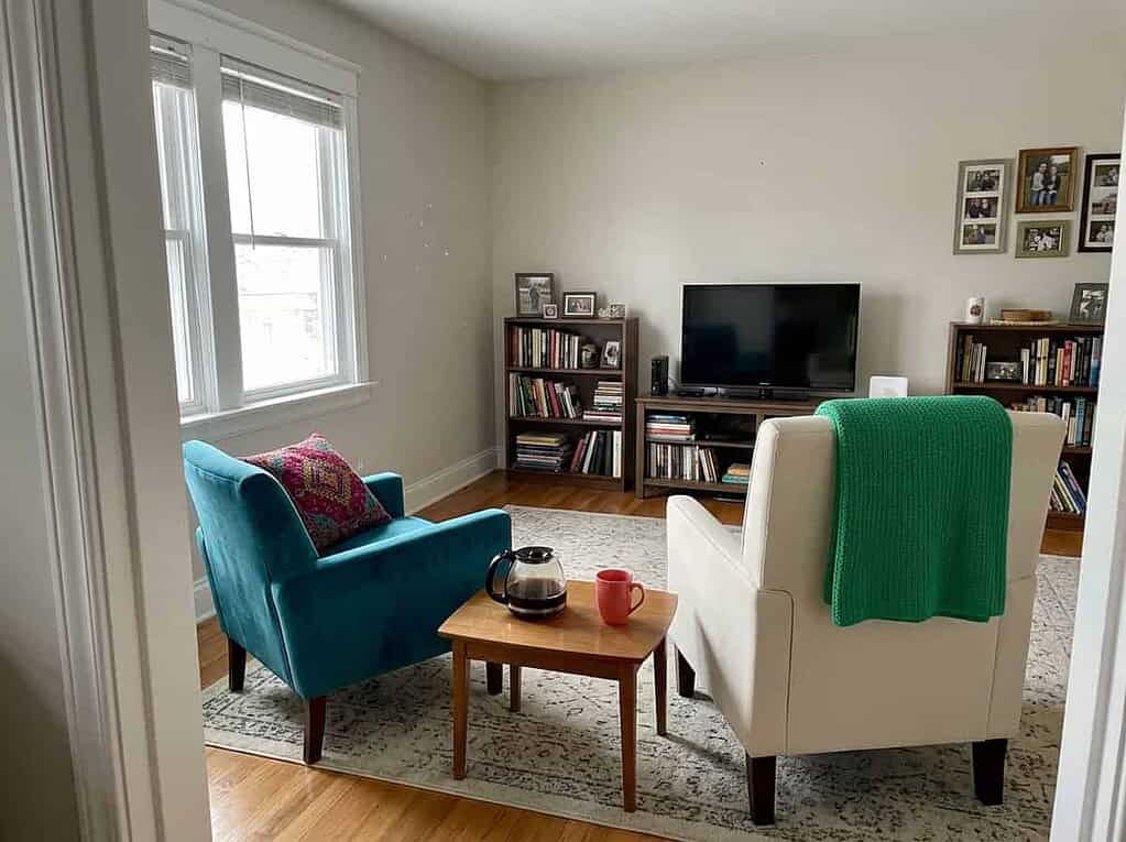 A quiet living room in afternoon light with empty chairs and a single coffee mug, the stillness that comes after a full life