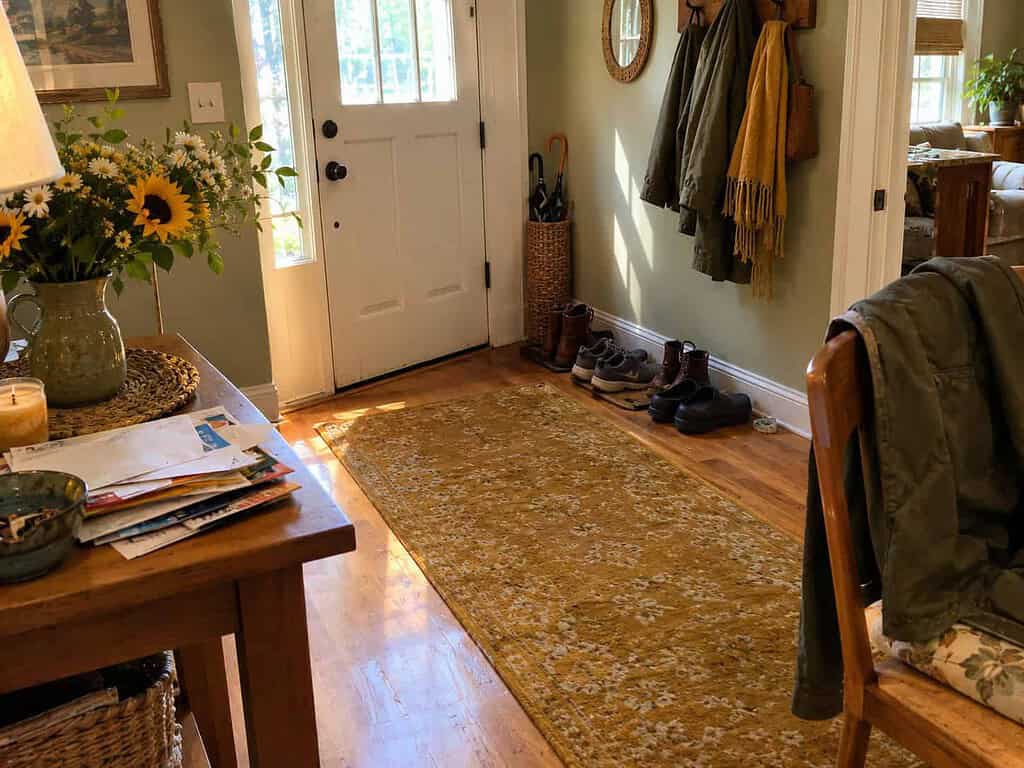 A warm lived-in entryway with shoes by the door, a stack of mail, and a jacket over a chair