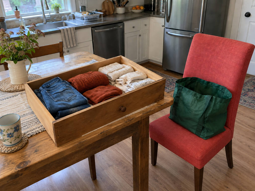A drawer set on a table at a chair for seated sorting with a donation bag ready, showing how to sit down to declutter