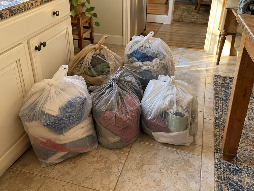 Several small grocery bags on the floor, each only half full of folded clothes, light enough to lift