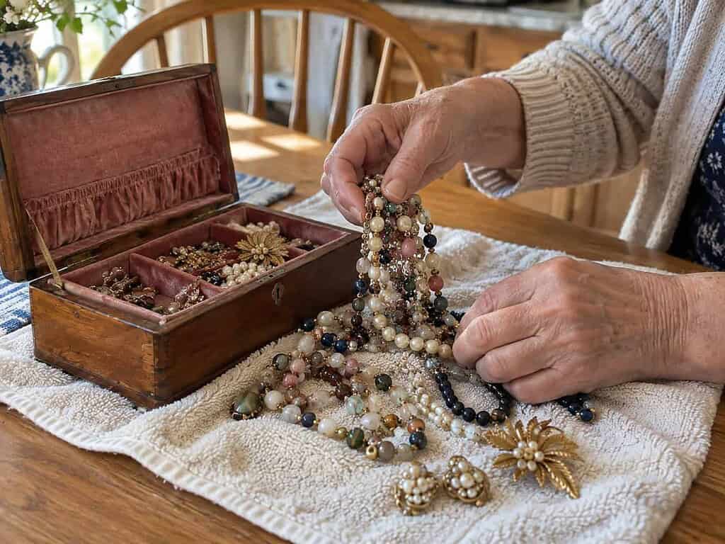 A woman's hands lifting a small handful of costume jewelry from a wooden box onto a towel on the kitchen table.