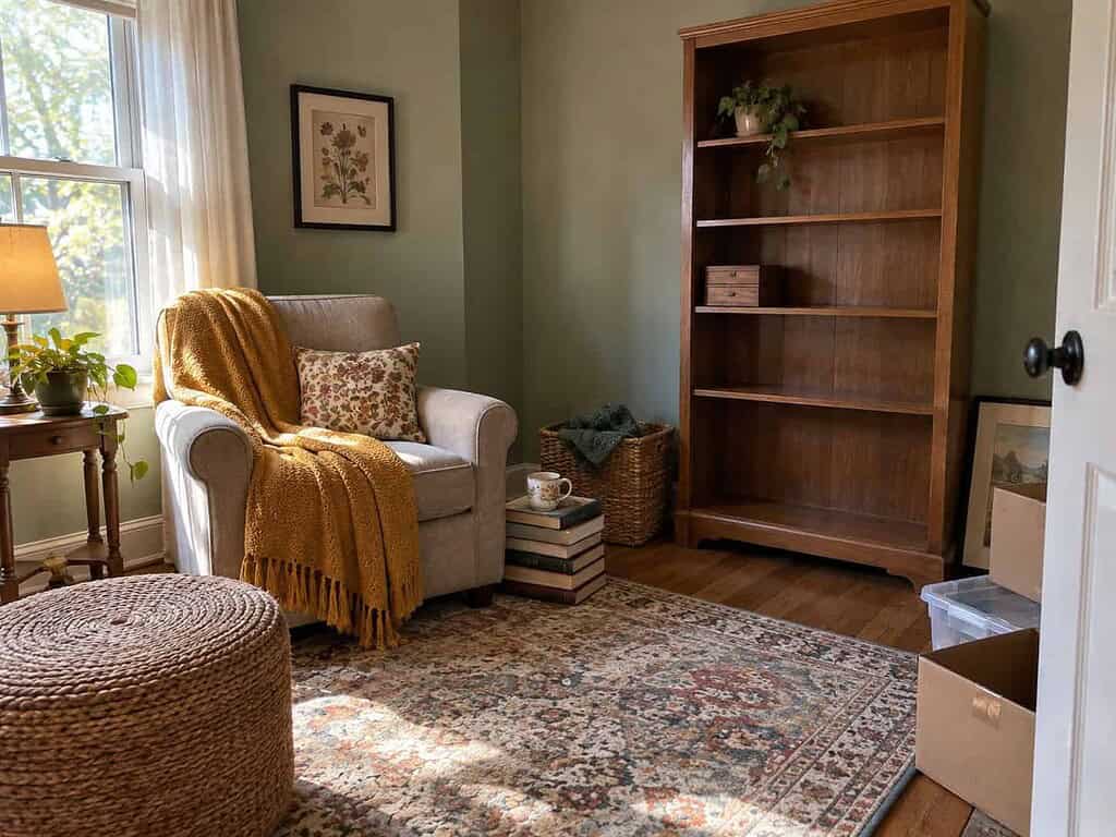 A spare room being made over with a reading chair, a small stack of books, and an empty shelf with room to spare