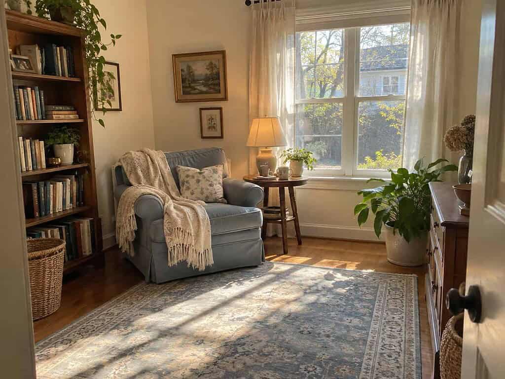A former spare room turned into a cozy reading room with an armchair by the window and a cup of tea