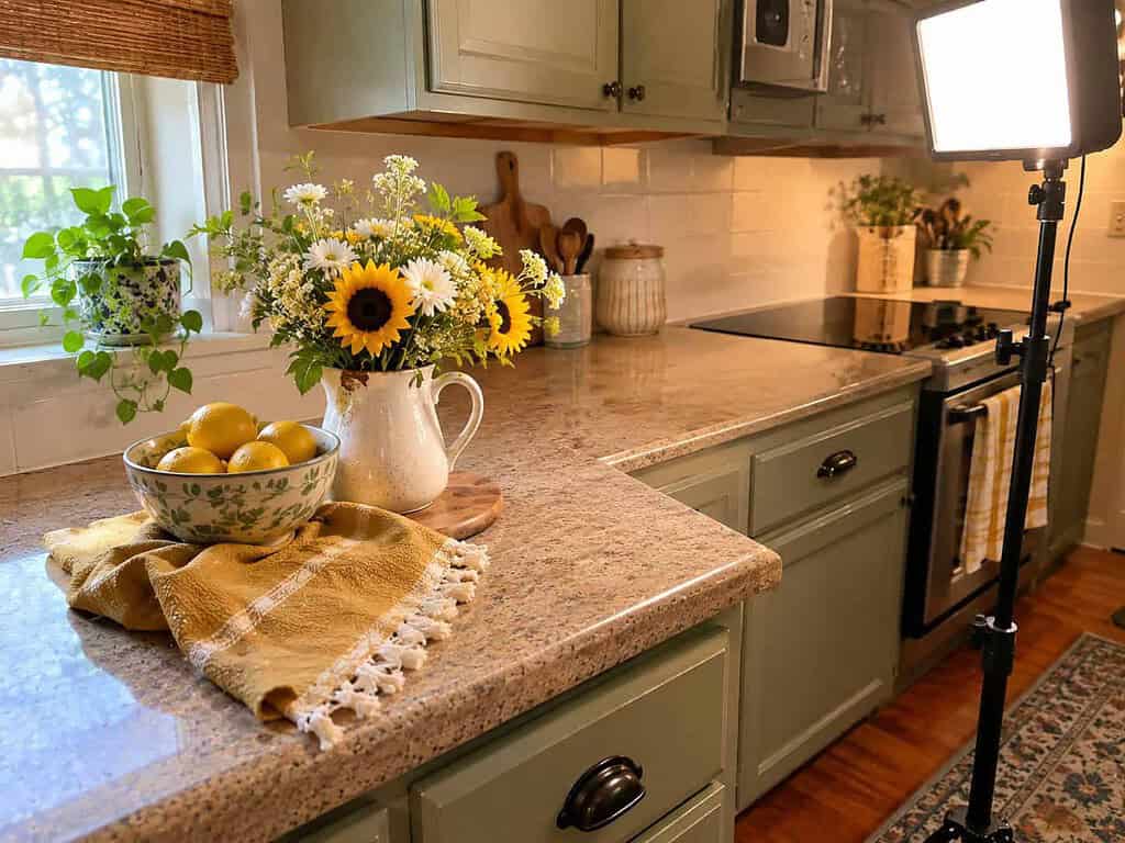 A styled kitchen corner set up for a photo with lemons, flowers, a folded throw, and a photography light off to the side