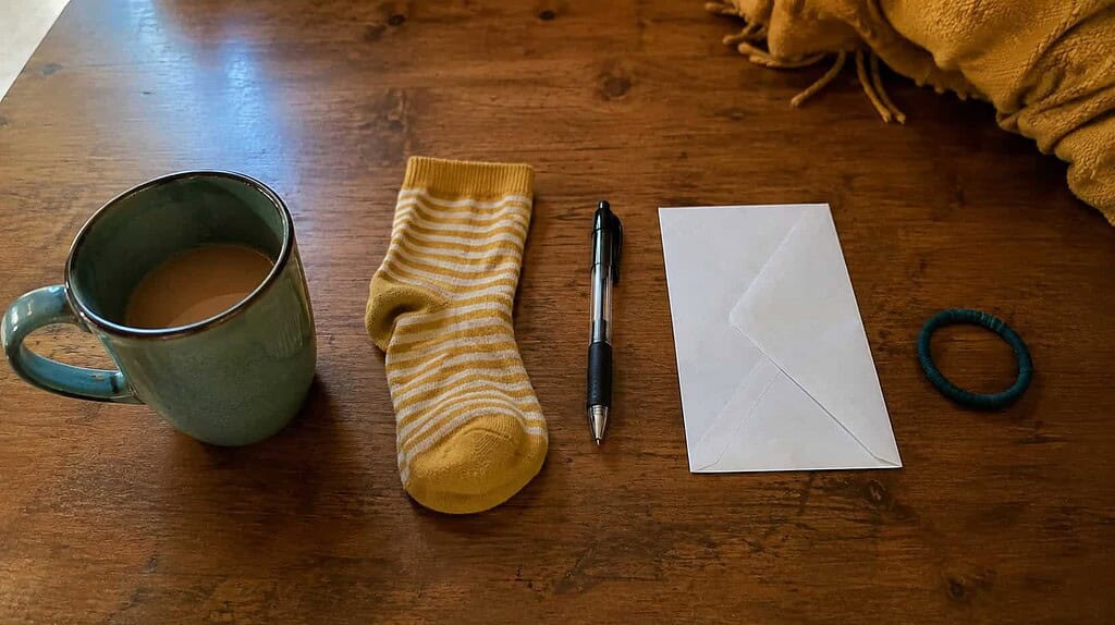 Five small items lined up on a wooden surface, a mug, sock, pen, envelope, and hair tie, showing where to stop when putting away five things