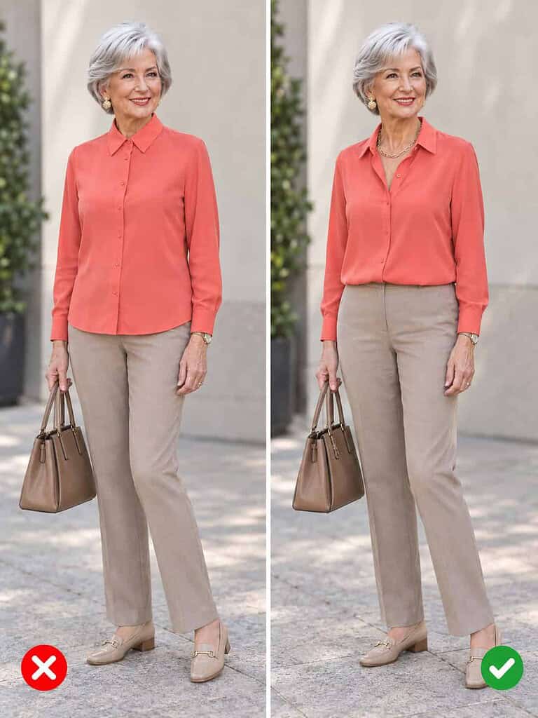 Side-by-side comparison of a woman in her seventies in a coral blouse: on the left buttoned to the throat, on the right worn with an open collar and a gold chain.