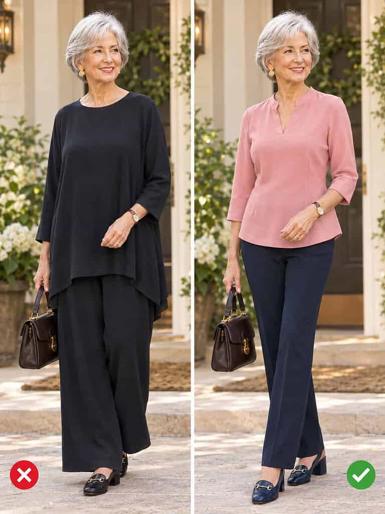 Side-by-side comparison of a woman in her seventies: on the left an all-over dark shapeless outfit, on the right a soft-rose top with a defined shape.