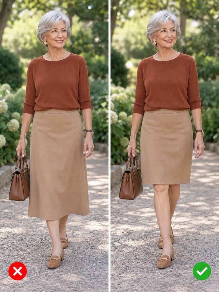 Side-by-side comparison of a woman in her seventies in a rust top and camel skirt: on the left the skirt hits mid-calf, on the right just below the knee.