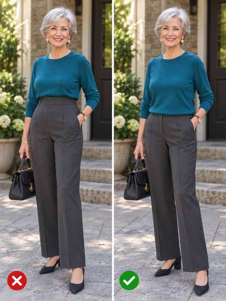 Side-by-side comparison of a woman in her seventies in a teal knit and charcoal trousers: on the left the waistband is pulled up onto the ribcage, on the right it sits at the natural waist.