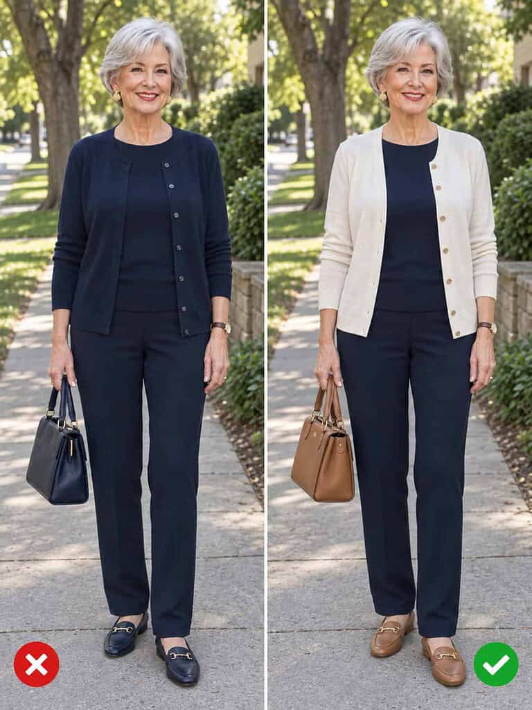 Side-by-side comparison of a woman in her seventies: on the left an all-navy matched outfit, on the right the same navy with a cream cardigan and tan accessories.