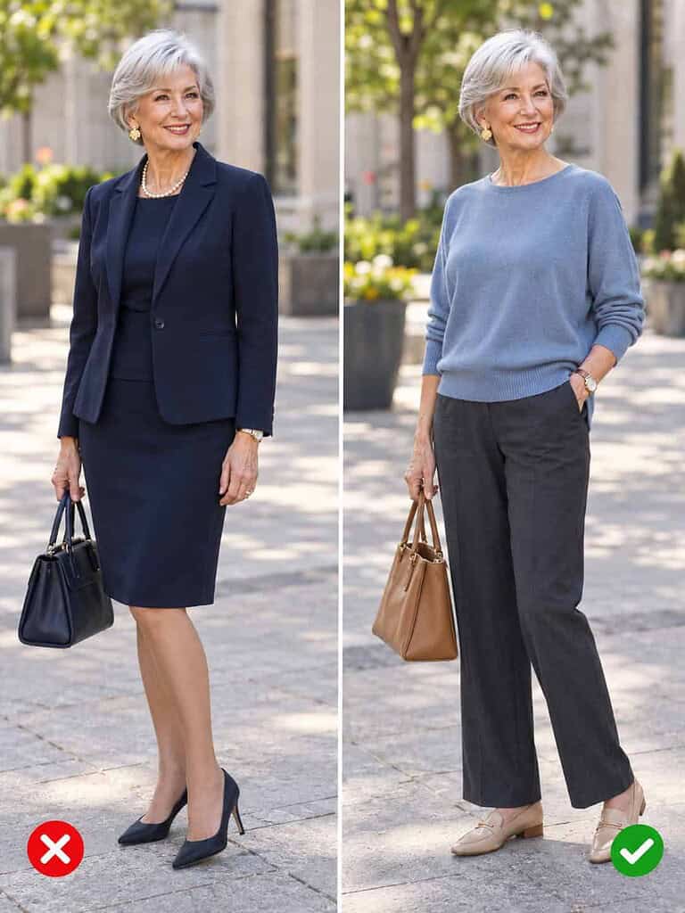 Side-by-side comparison of a woman in her seventies: on the left a stiff formal skirt suit, on the right a dusty-blue knit with relaxed charcoal trousers and loafers.