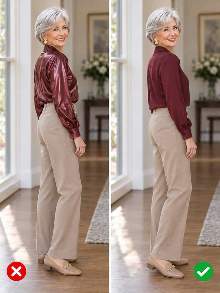 Side-by-side comparison of a woman in her seventies in a burgundy top: on the left a shiny synthetic blouse, on the right a matte natural-fiber top.
