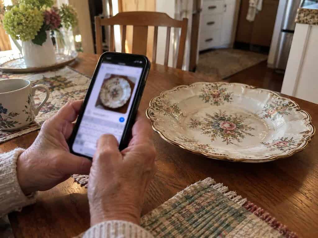 An older woman's hands texting a photo of an old dish to ask a family member if they want it