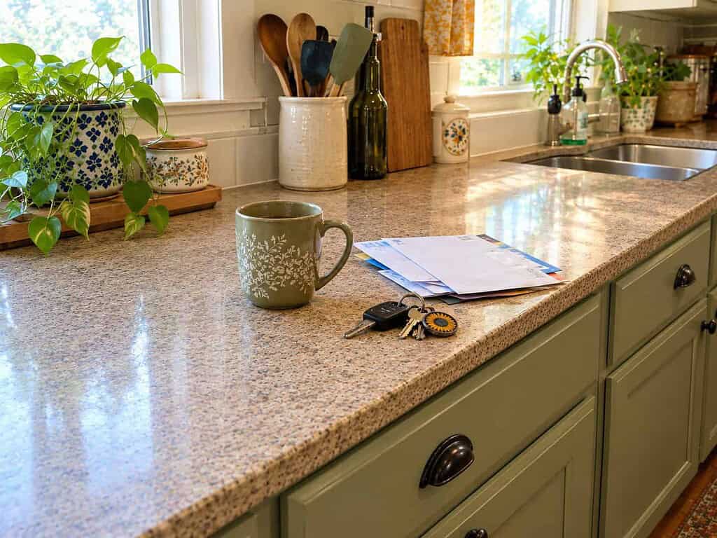 A recently tidied kitchen counter already collecting a coffee mug, mail, and keys as everyday life moves back in