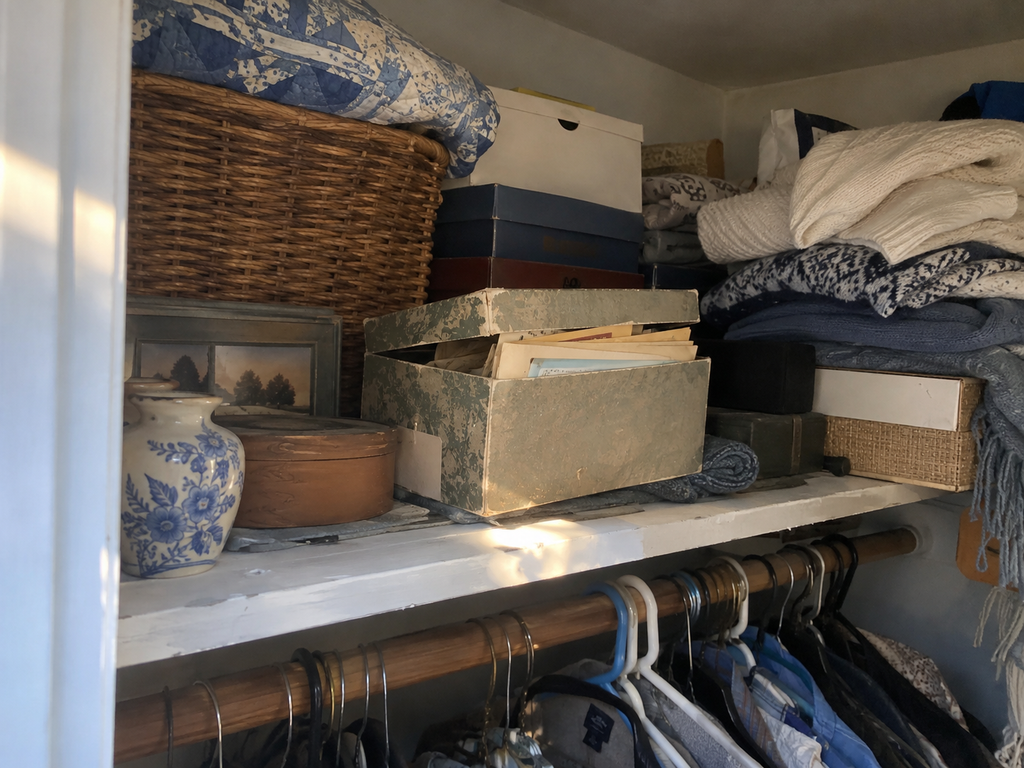 An old box of letters pulled forward from behind stacked boxes and clothes on a cluttered closet shelf