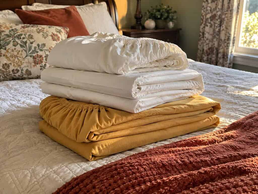 Two neatly folded sheet sets stacked on a made bed, the right number to keep per bed