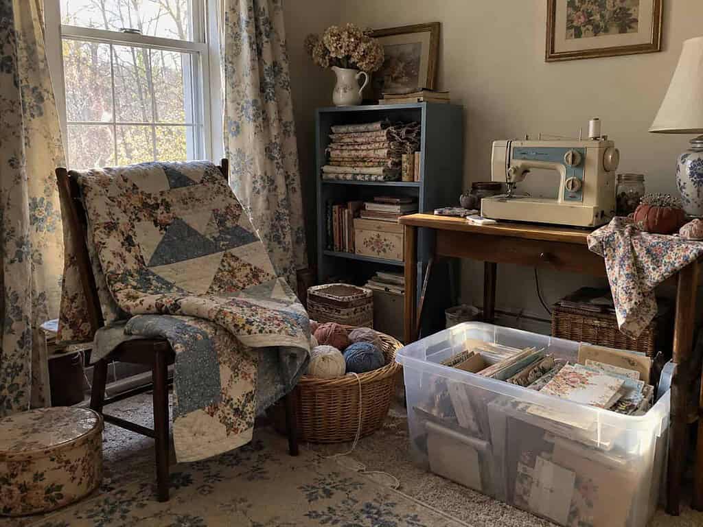 A half-finished quilt, a bin of scrapbooking supplies, a basket of yarn, and an old sewing machine in a spare room corner