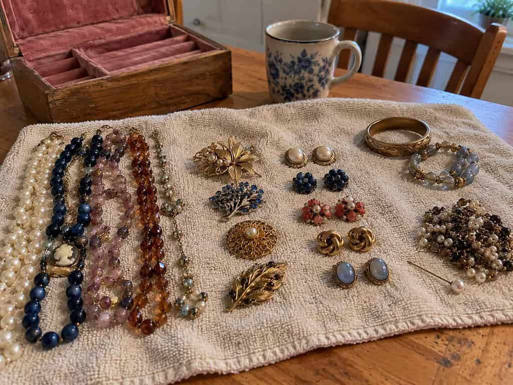 Costume jewelry sorted into small groups of necklaces, brooches, earring pairs, and bracelets on a towel, with a knotted necklace and a straight pin to one side.