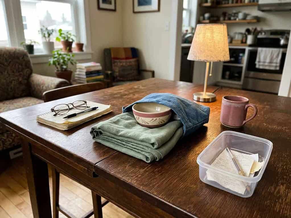Everyday items sorted into small keep, give, and toss groups on a table, using just three piles