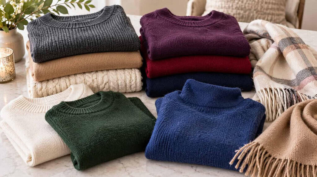 Folded fine-knit sweaters and scarves in charcoal, camel, cream, navy, emerald, sapphire, ruby, and plum on a pale surface.