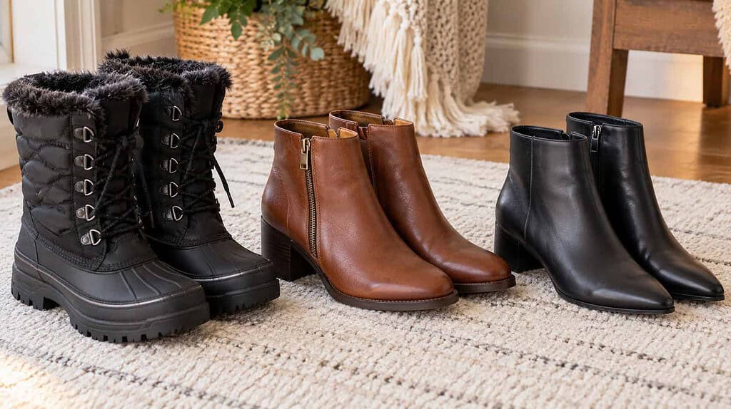 Black waterproof lace-up boots, cognac ankle boots, and black low-heel ankle boots arranged on a pale neutral surface.