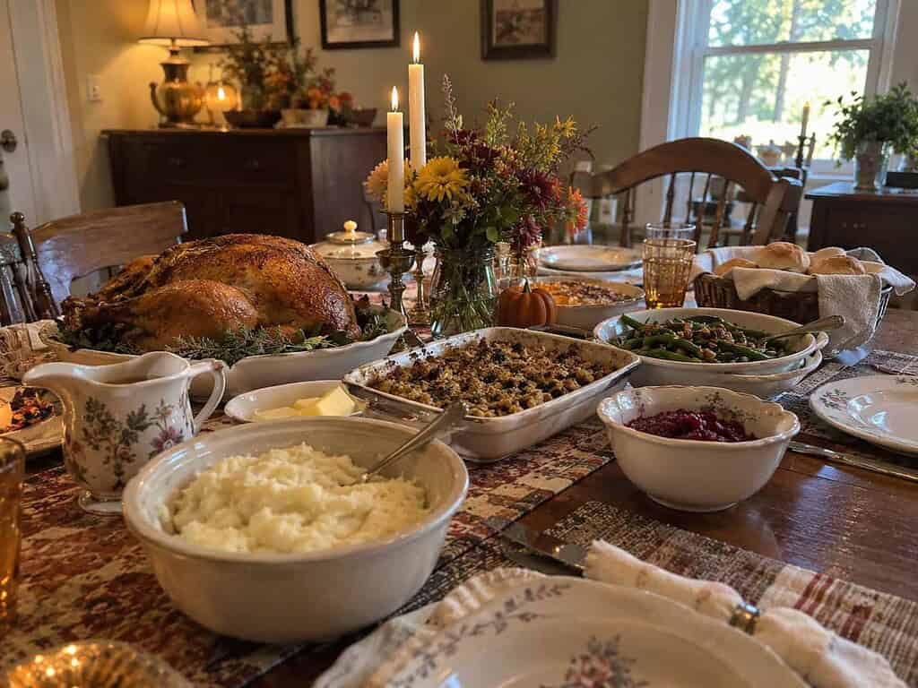 A warmly set dining table with simple everyday dishes and a small vase of flowers, cozy and full of life