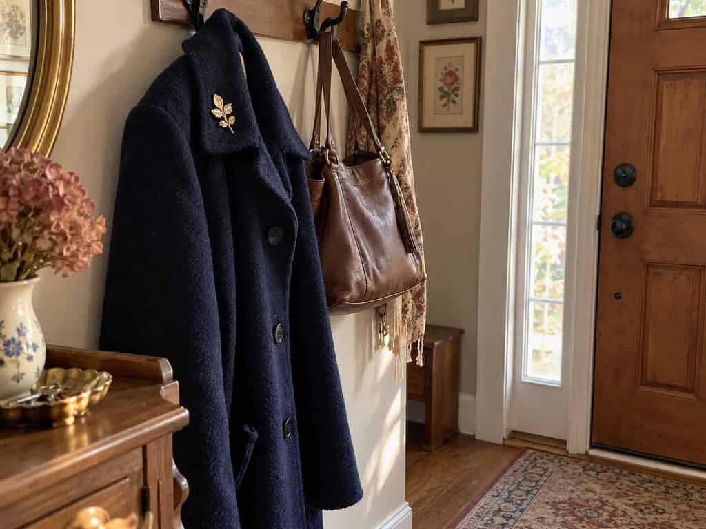 A gold-colored vintage brooch pinned to a navy wool coat hanging on a hook by the front door.