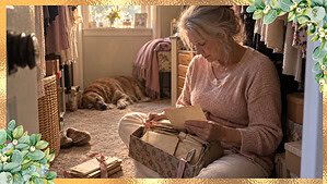 An older woman sitting on a closet floor holding an open shoebox of old handwritten love letters found while decluttering