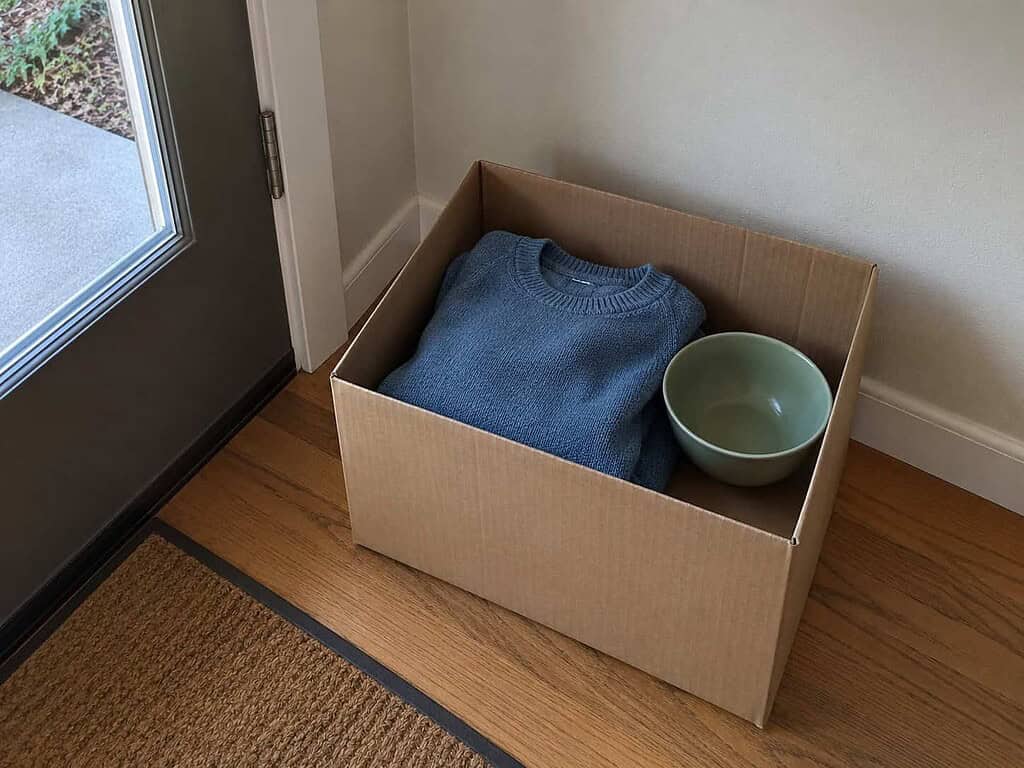 One open donation box with a sweater and a bowl by the door, showing where it can all go