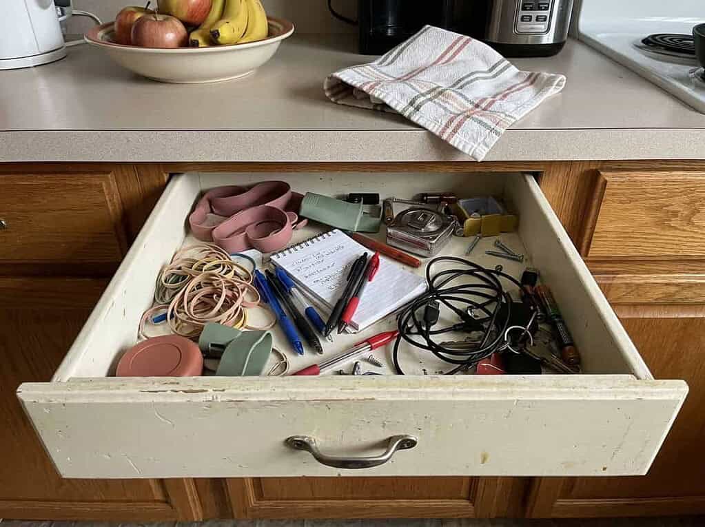 One slightly overfull junk drawer in a lived-in kitchen, the too-much feeling captured in a single small spot
