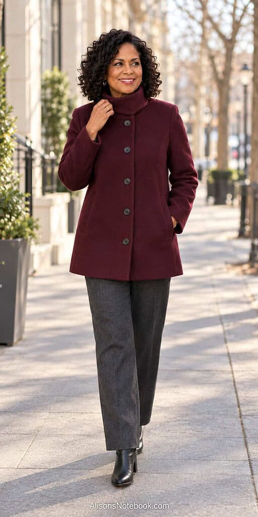 Woman in her early fifties with dark curly hair wearing a burgundy funnel-neck wool coat and charcoal trousers on a sunny winter street.