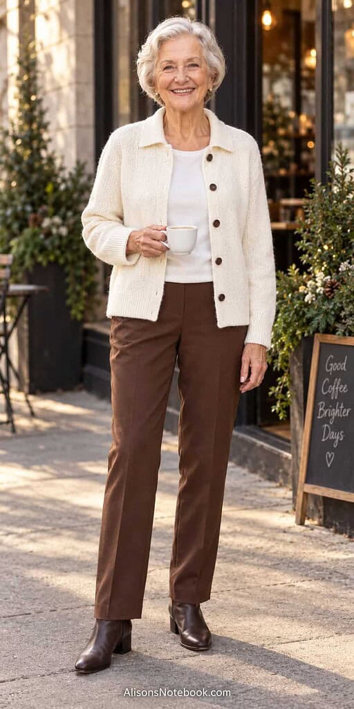 Woman around eighty with short silver hair wearing a cream collared cardigan over a white top and brown trousers at a cafe on a winter afternoon.