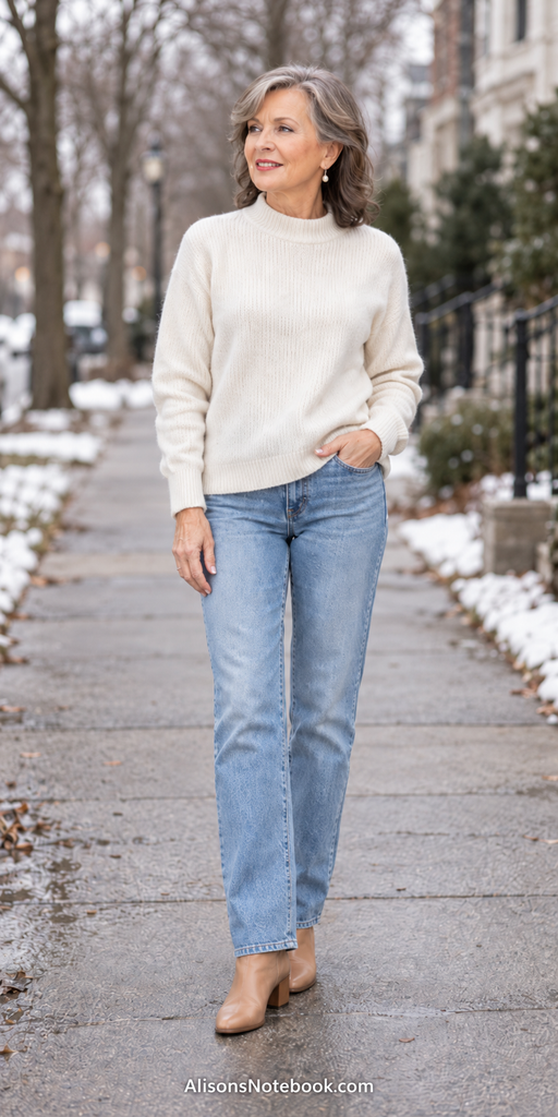 Woman in her early sixties with silver-grey hair wearing a cream mock-neck sweater and light-wash blue jeans on a winter street.