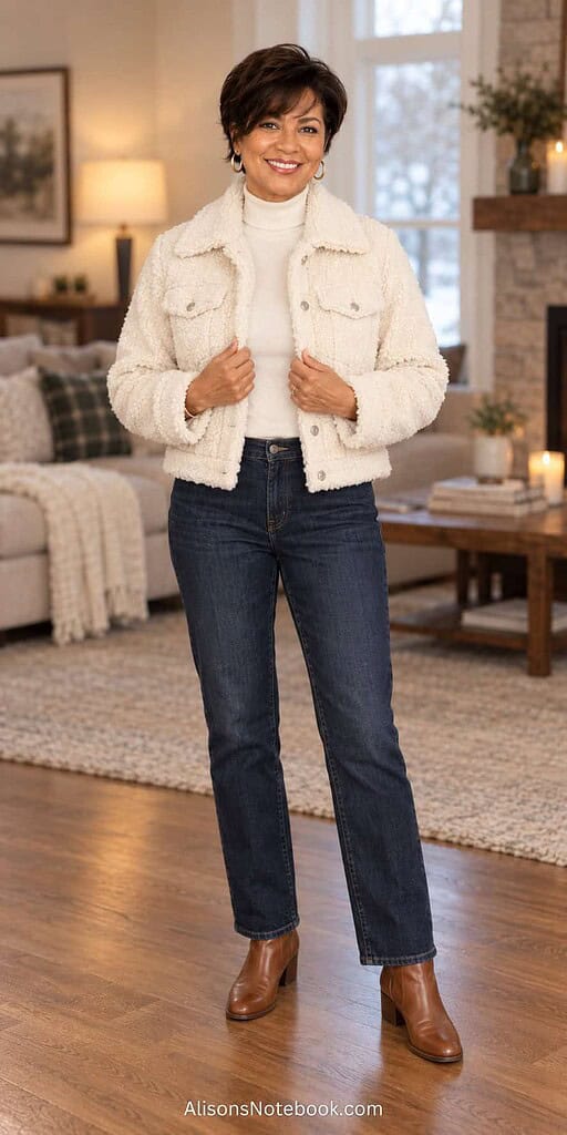 Woman in her mid fifties with short dark hair wearing a cream teddy sherpa jacket over an ivory turtleneck and dark jeans in a warm living room.