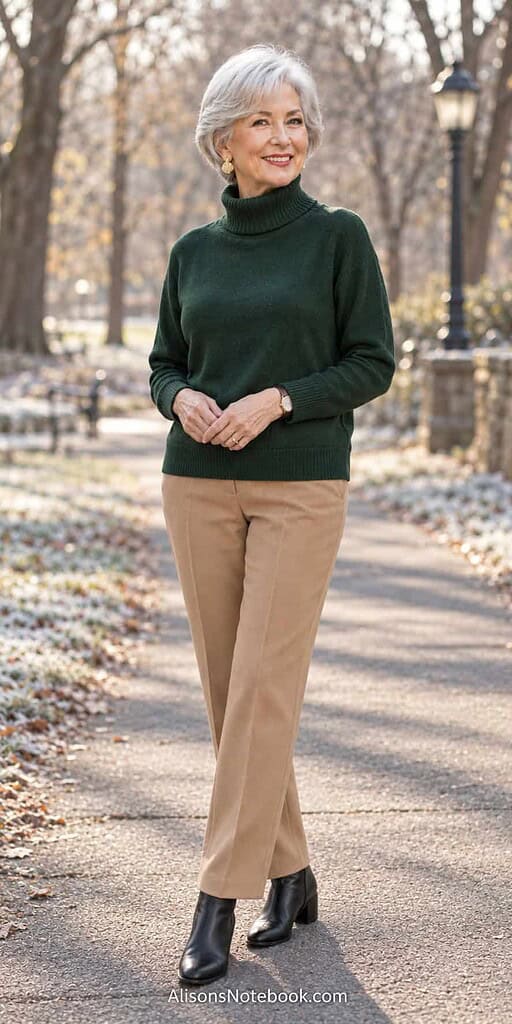 Woman in her early seventies with short silver hair wearing an emerald green turtleneck sweater and camel trousers on a bright winter park path.