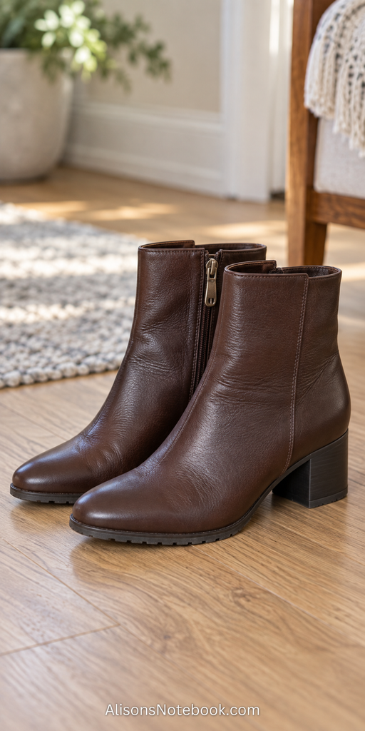 A pair of brown leather ankle boots with a low block heel, side zip, and treaded sole on a pale wood floor.