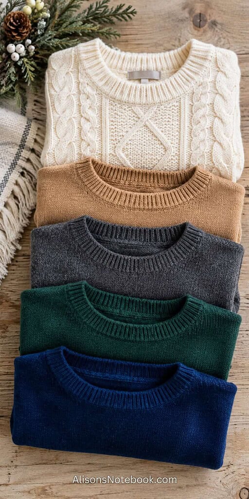Five folded winter sweaters in cream, camel, charcoal, emerald, and sapphire stacked on a pale wood surface.