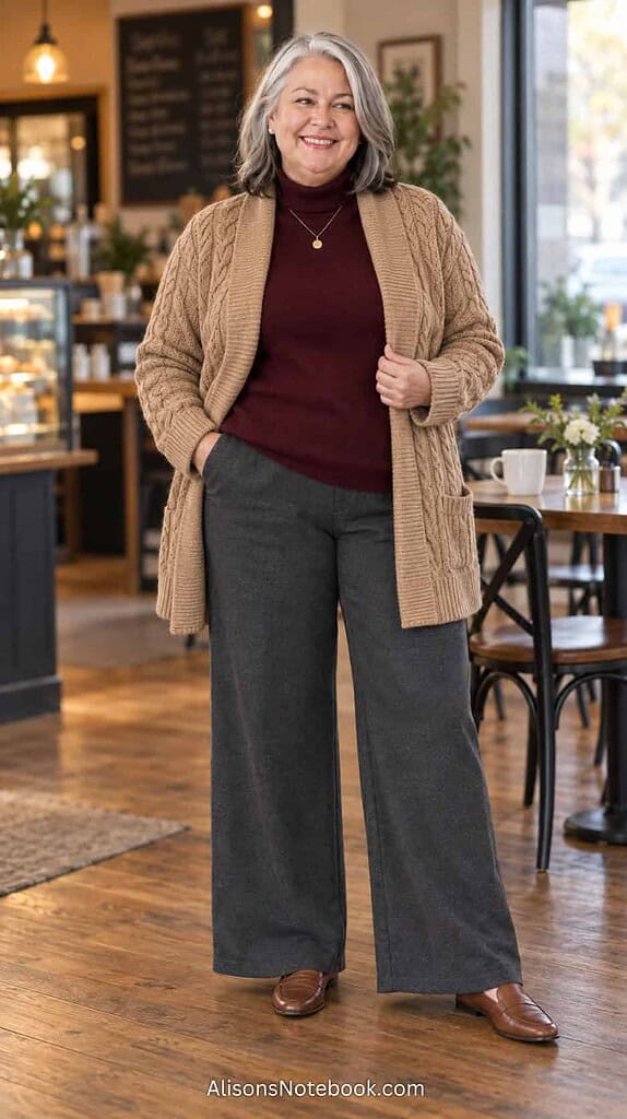 Woman in her fifties with silver hair wearing a burgundy turtleneck, charcoal wide-leg trousers, and an open camel cable-knit cardigan with cognac loafers and a gold pendant, standing in a bright cafe.
