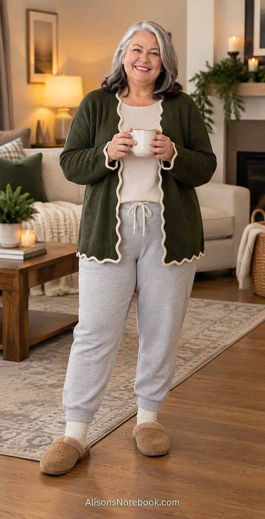 Woman in her fifties with silver hair wearing a cream waffle-knit top, an open forest-green cardigan with cream trim, and heather-gray joggers with tan shearling slippers, holding a mug in a cozy living room.