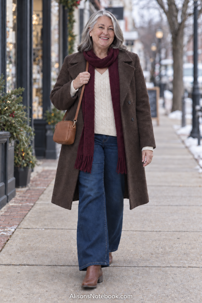 Woman in her sixties with silver hair wearing a cream cable-knit sweater, dark wide-leg jeans, and an open chocolate-brown longline coat with a burgundy scarf, cognac ankle boots, and a tan crossbody, walking along a sidewalk.