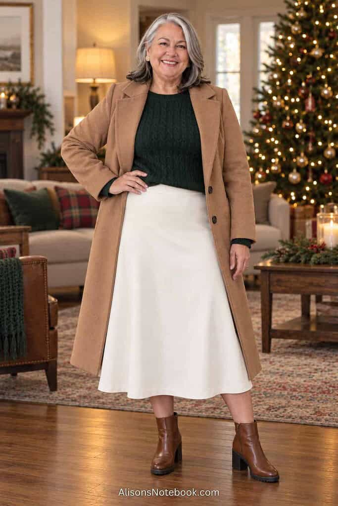 Woman in her fifties with silver hair wearing a dark green cable-knit sweater half-tucked into a winter-white A-line skirt, a cream wrap over one shoulder, and an open camel coat with cognac ankle boots, in a warm holiday living room.