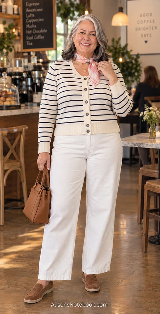 Woman in her fifties with silver hair wearing a cream and navy Breton striped cardigan, cropped white wide-leg jeans, and an open camel longline coat with a pink plaid scarf, cognac loafers, and a gold pendant, in a warm cafe.