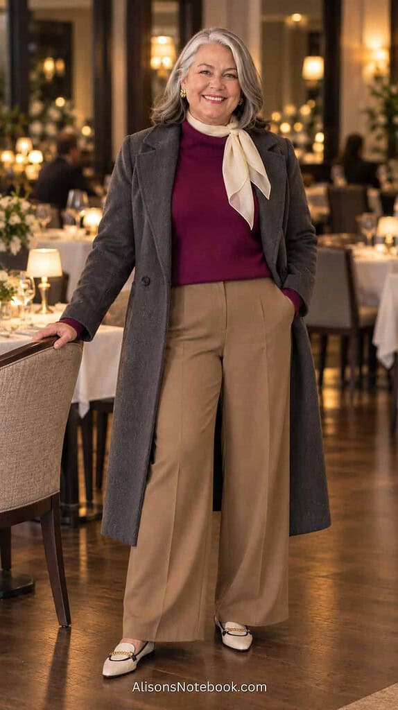 Woman in her fifties with silver hair wearing a plum funnel-neck sweater, camel wide-leg trousers, and an open charcoal coat with a cream scarf, gold earrings, and cream pointed flats, in a warm restaurant.