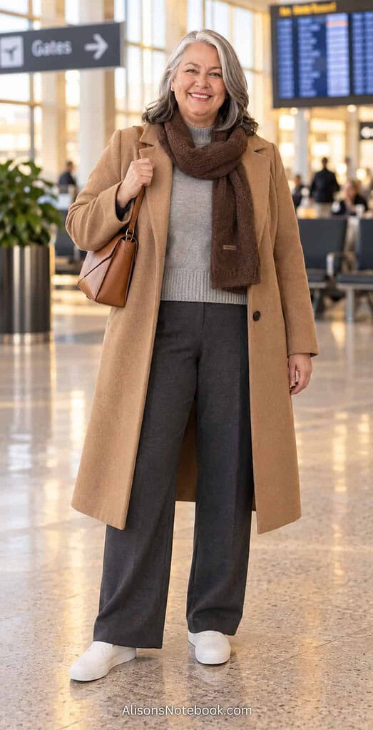 Woman in her fifties with silver hair wearing a gray mock-neck sweater, charcoal trousers, and an open camel longline coat with a brown scarf, a cognac bag, and white slip-on sneakers, in a warm airport terminal.