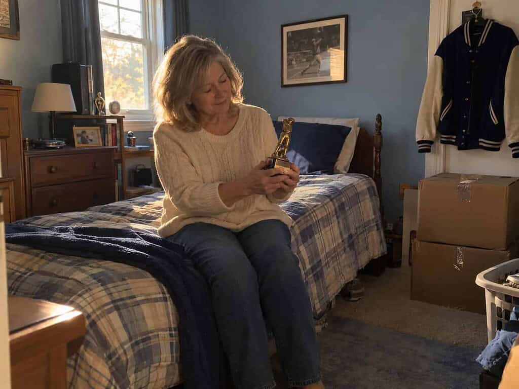 A woman in her 60s sitting in her grown son's old bedroom, fondly holding a small trophy near a few packed boxes