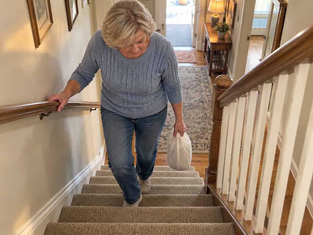 A woman in her 60s walking down the stairs with one hand on the handrail and a small, light bag in the other