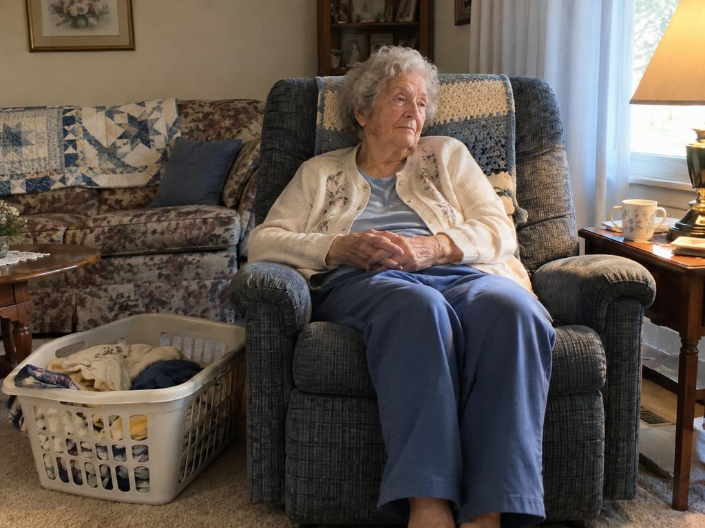 A woman in her 80s resting in an armchair beside a half-sorted basket, taking a break from decluttering