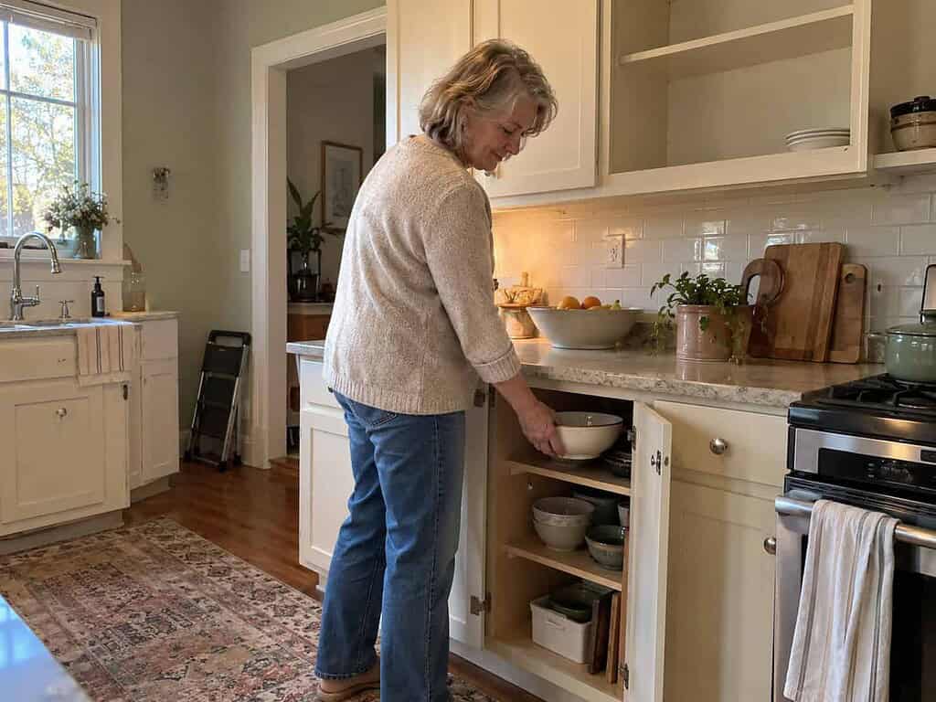 An older woman easily taking a bowl from a waist-high cabinet shelf, a step stool tucked away in the corner