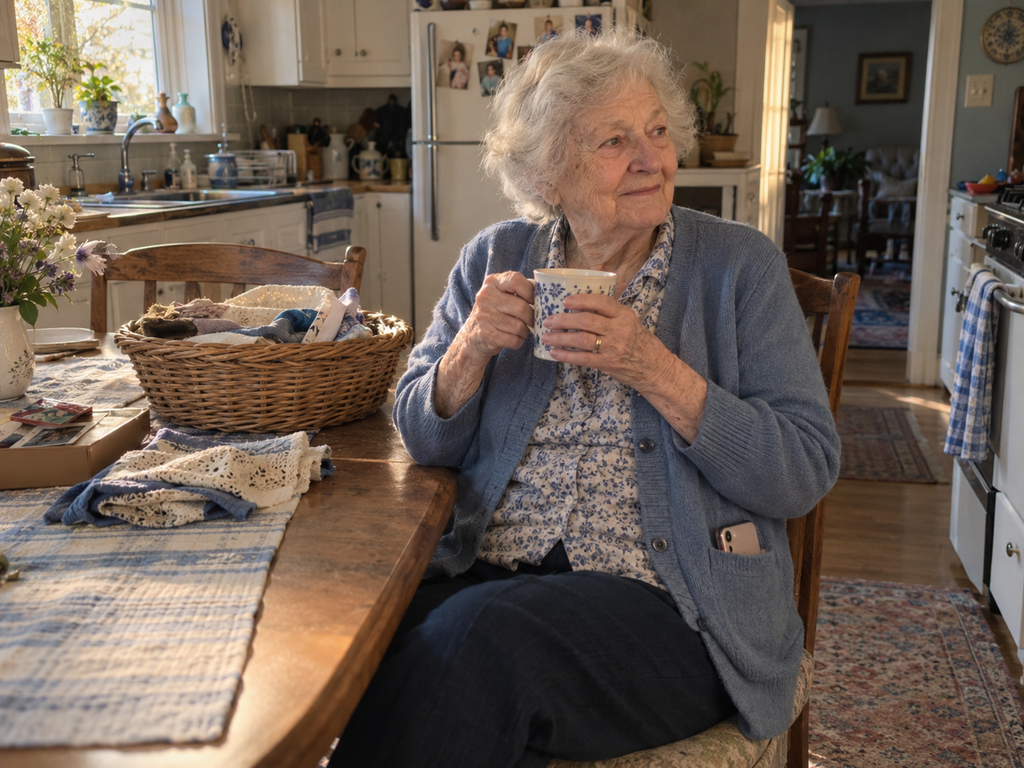 A woman in her 80s resting with a cup of tea, her phone in her cardigan pocket and a sorting basket set aside