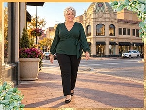 Smiling plus size older woman with short silver hair in a green wrap top, black pants and black flats walking on a Kansas City sidewalk at golden hour